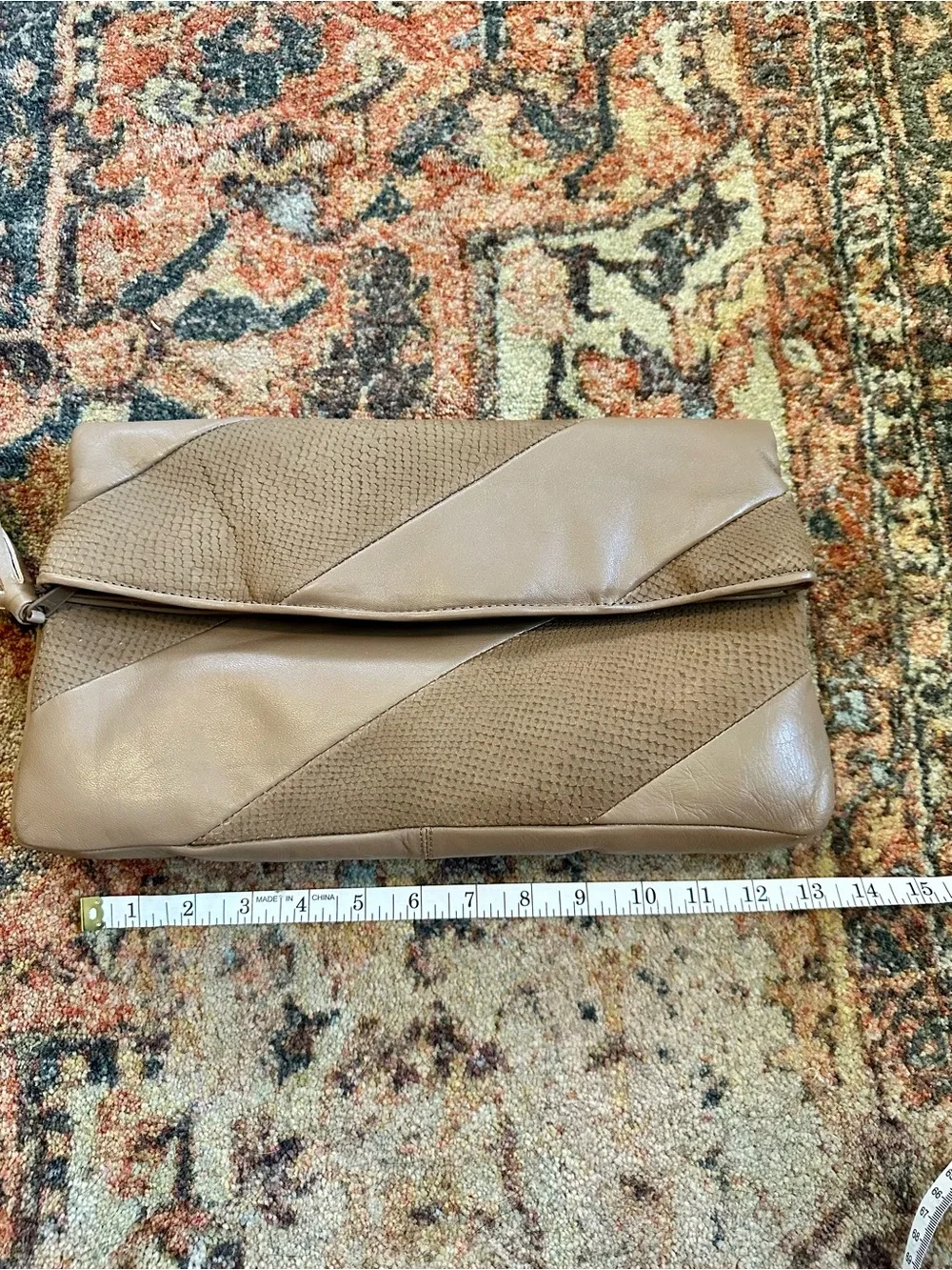 Taupe Fold-Over Leather Tassel Clutch
